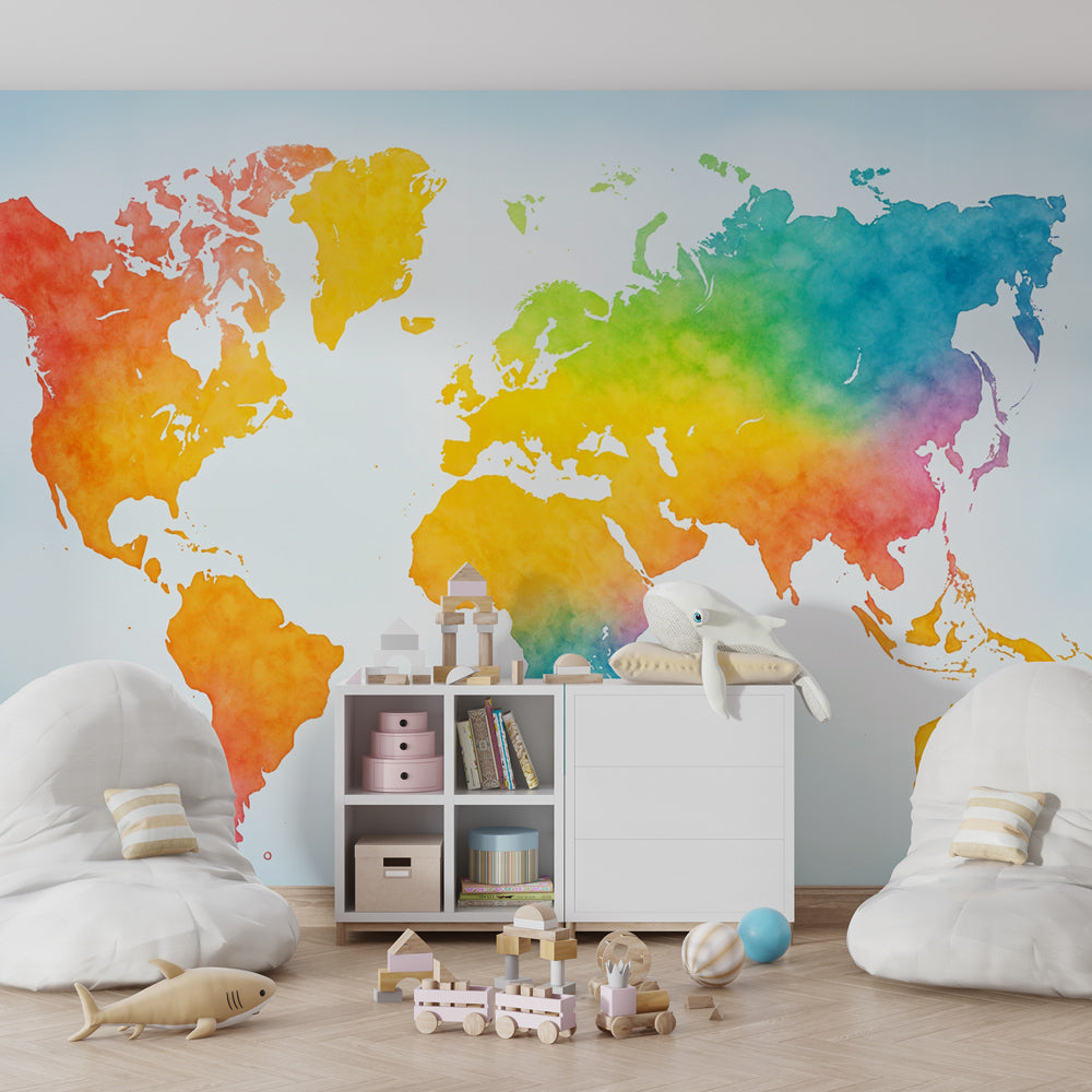 Vibrant world map wallpaper creating educational kids bedroom decor with rainbow watercolor design