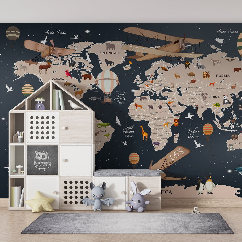 Kids-Mundo night sky adventure map wall mural filling a playroom wall with animals and balloons