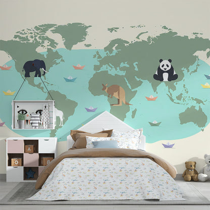 Kids-Mundo world map wall mural with elephant and panda in a soft nursery