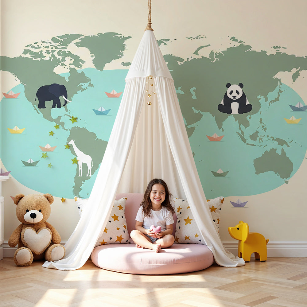Kids-Mundo cream world map wallpaper with animals brightening a playroom wall