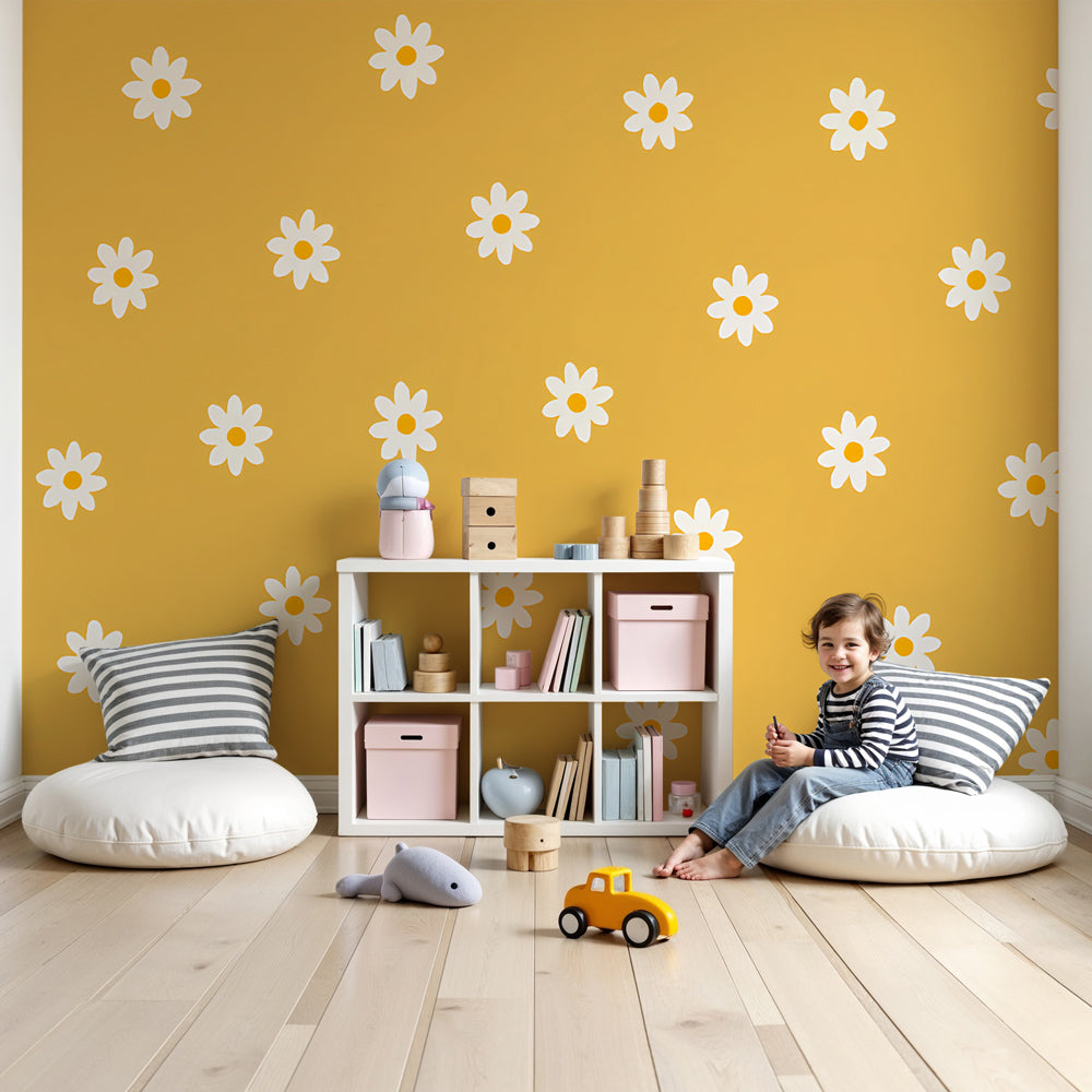 Yellow daisy field mural wallpaper in bright nursery room setting by Kids-Mundo