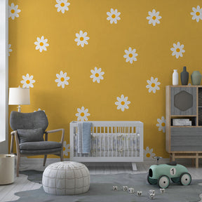 Sunny yellow daisy mural wallpaper transforming kids playroom with natural charm