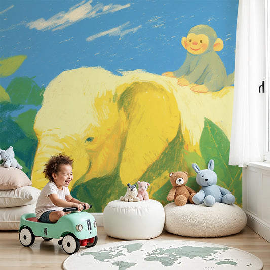 Kids-Mundo yellow elephant and baby monkey jungle wall mural in a baby nursery