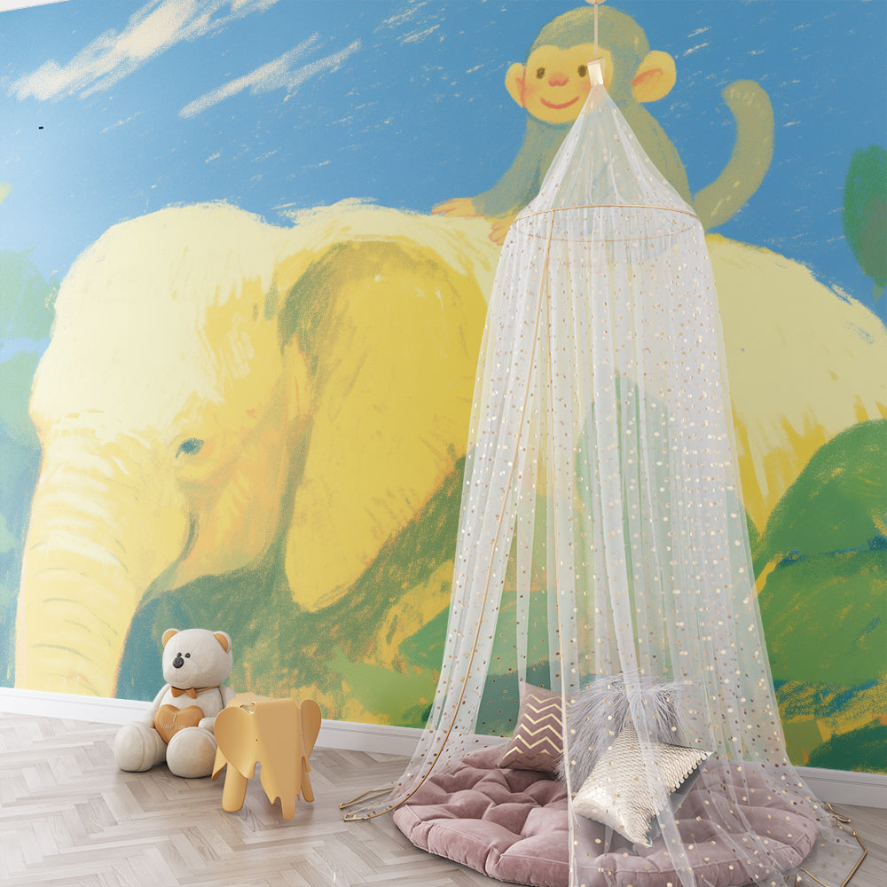 Kids-Mundo cheerful elephant and monkey wall mural brightening a kids' playroom