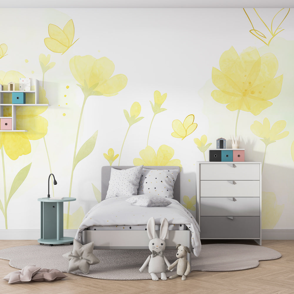 Delicate butterfly and flower wallpaper creating serene children's bedroom atmosphere