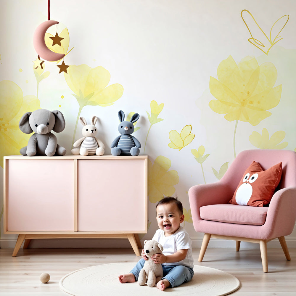 Yellow flowers mural wallpaper with butterflies in bright nursery room by Kids-Mundo