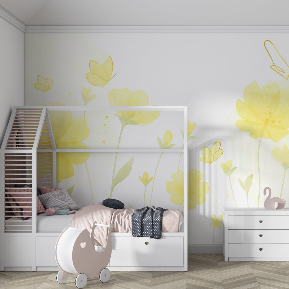 Garden-themed mural wallpaper transforming kids playroom with natural beauty