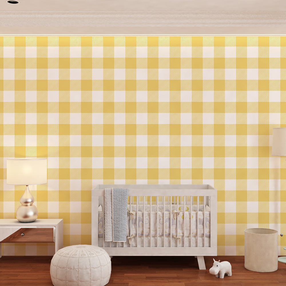 Kids-Mundo yellow gingham wallpaper mural covering a feature wall in a cosy kids bedroom