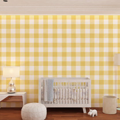 Kids-Mundo yellow gingham wallpaper mural covering a feature wall in a cosy kids bedroom
