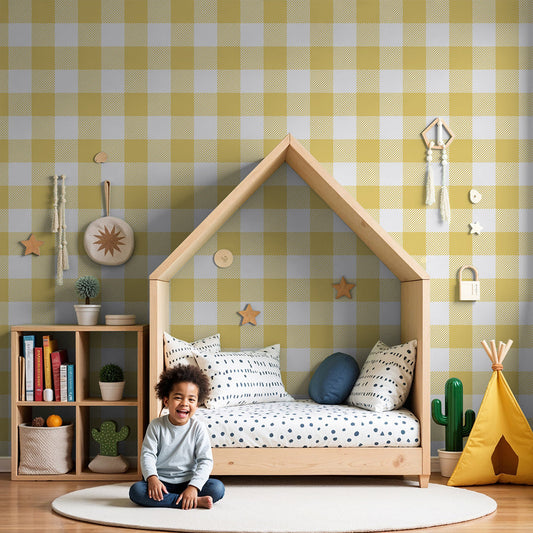 Kids-Mundo yellow gingham check wall mural styled behind a cot in a warm, sunny nursery