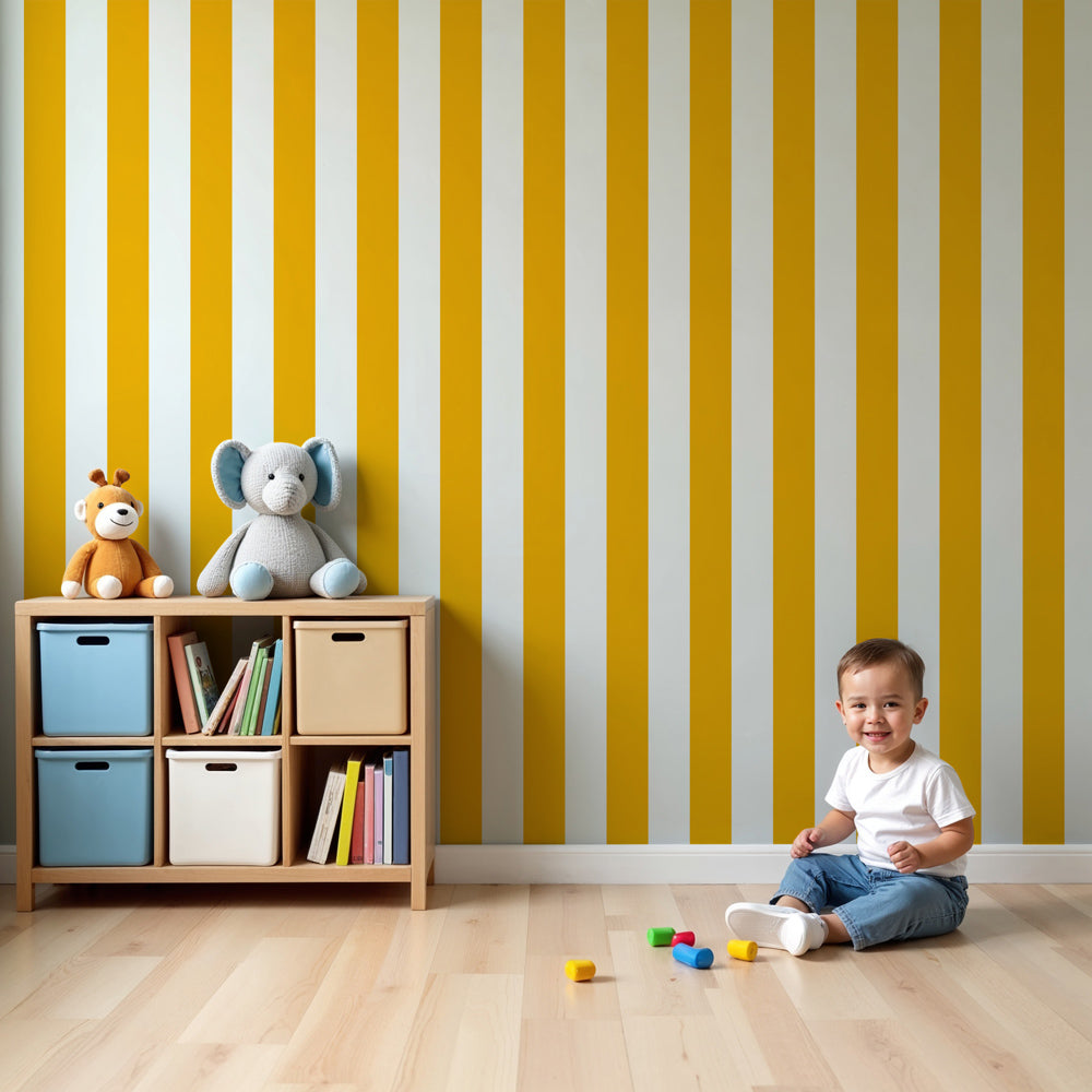 Yellow striped mural wallpaper creating bright cheerful nursery decor by Kids-Mundo