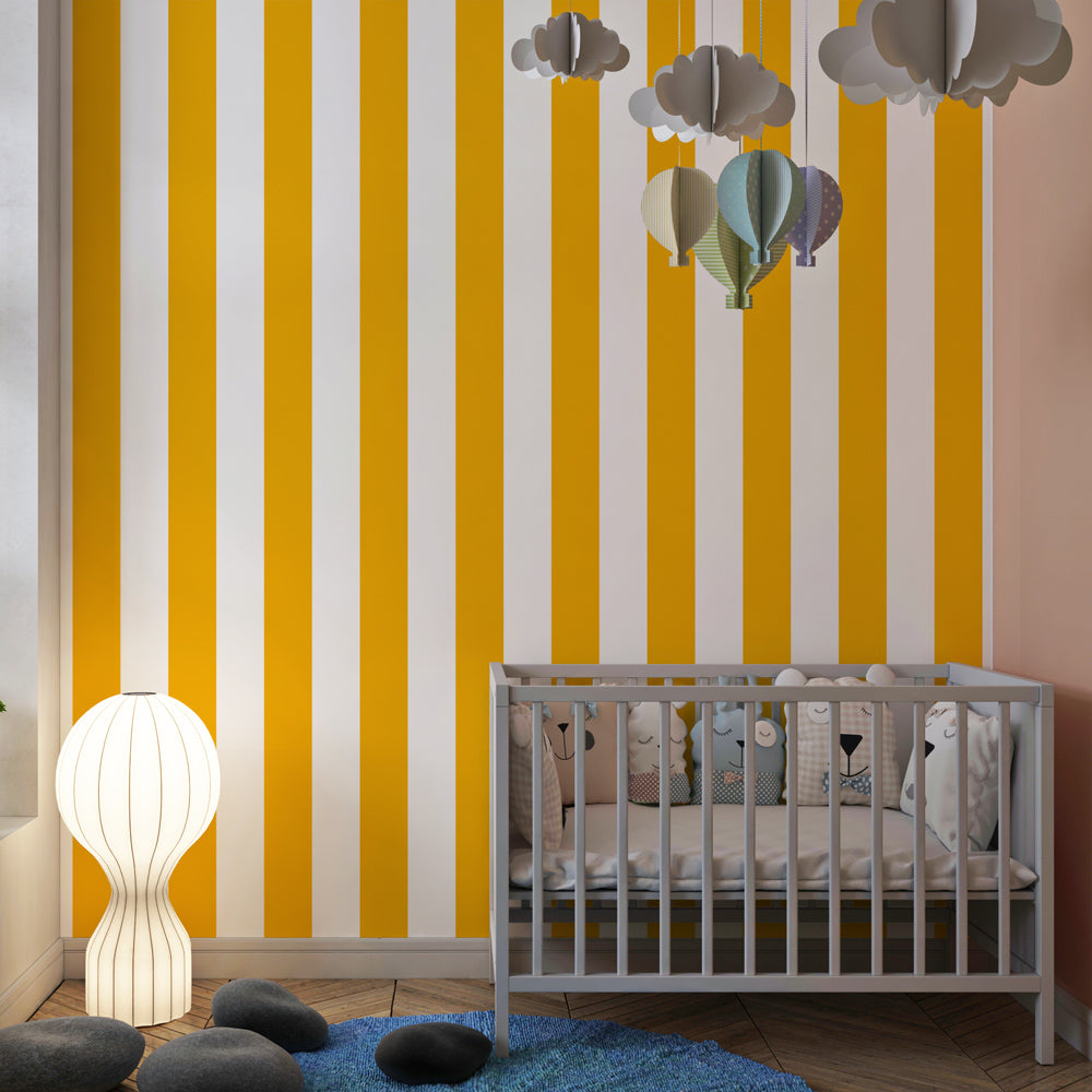 Bright yellow striped mural wallpaper adding energy to colorful children's playroom space