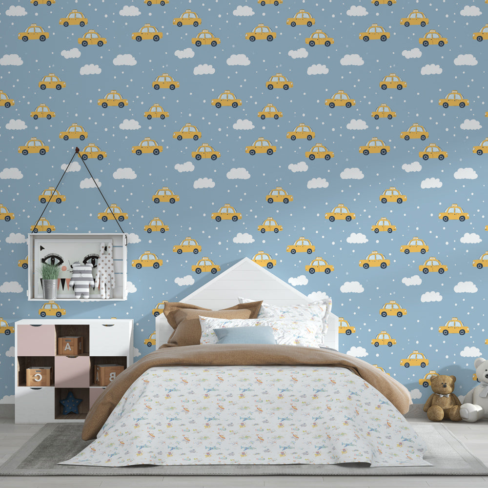 Transportation themed mural wallpaper with yellow taxis in modern nursery room