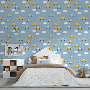 Transportation themed mural wallpaper with yellow taxis in modern nursery room