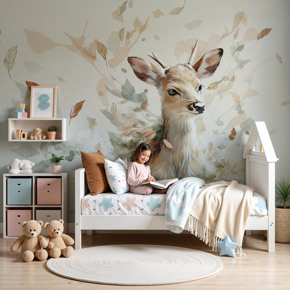 Young deer mural wallpaper with autumn leaves creating peaceful nursery decor by Kids-Mundo