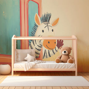 Happy zebra adventure wallpaper creating playful atmosphere in children's bedroom