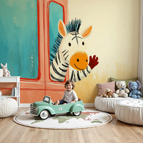 Zebra car mural wallpaper in modern nursery with crib and toys by Kids-Mundo
