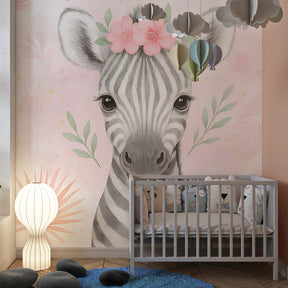 Pastel zebra wallpaper creating magical children's bedroom decor with floral elements