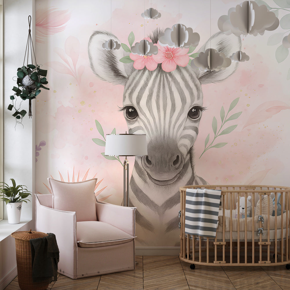 Animal themed zebra mural wallpaper in cozy toddler room with light wood furniture
