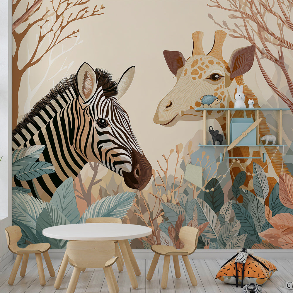 Kids-Mundo zebra and giraffe forest mural brightening a kids playroom wall