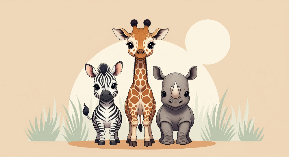 Zebra, Giraffe and Rhino Wall Mural