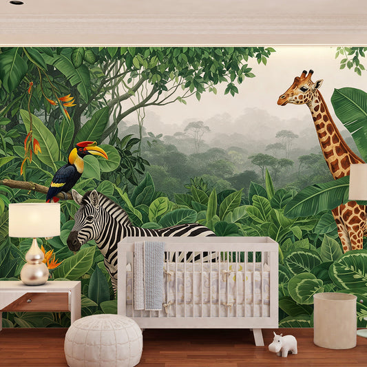 Kids-Mundo jungle wall mural with zebra, giraffe and toucan behind a child's bed