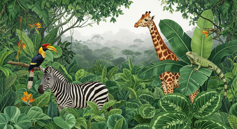 Flat artwork of the Kids-Mundo zebra, giraffe and toucan jungle wall mural with dense foliage