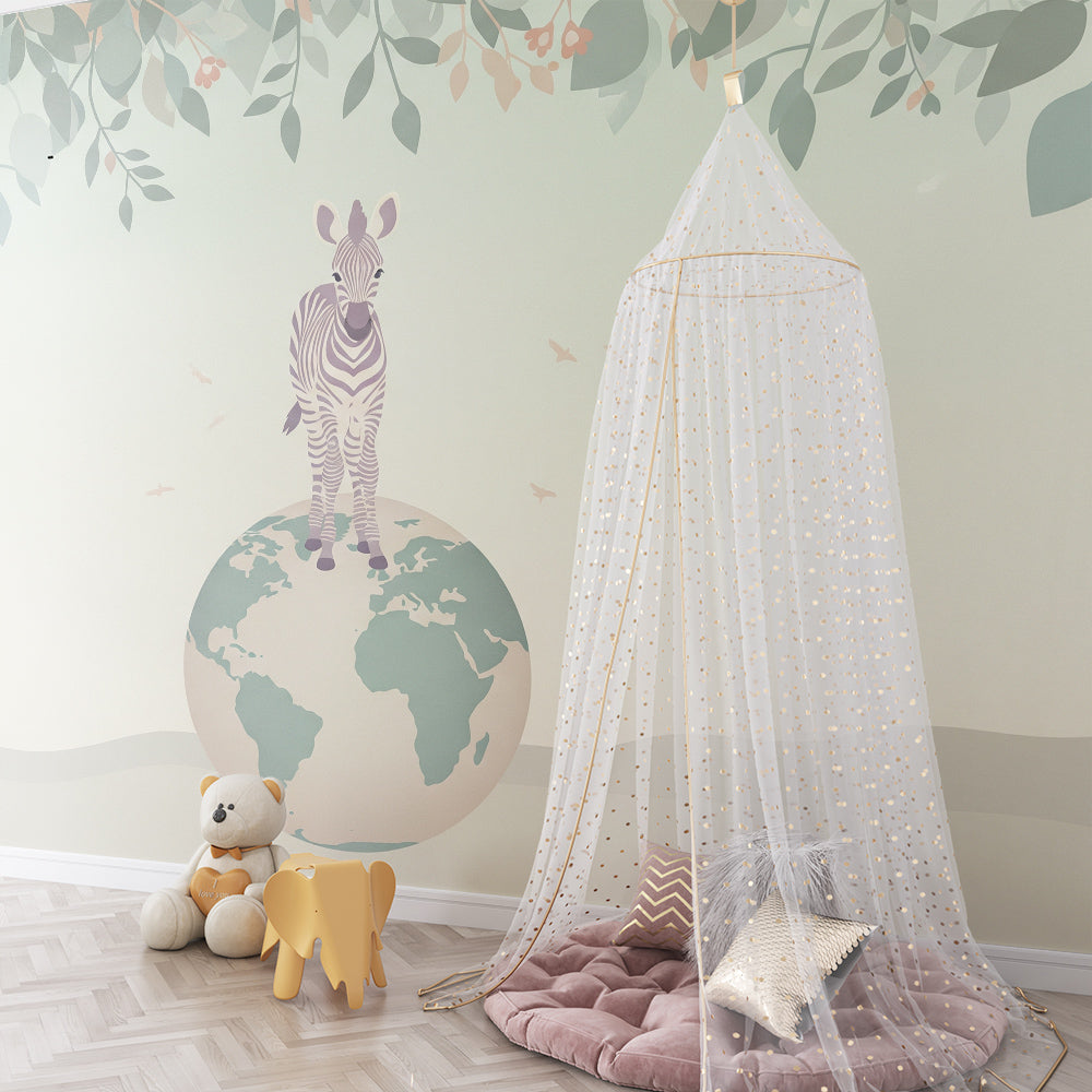 Kids-Mundo zebra world map mural fitted on a kids bedroom feature wall