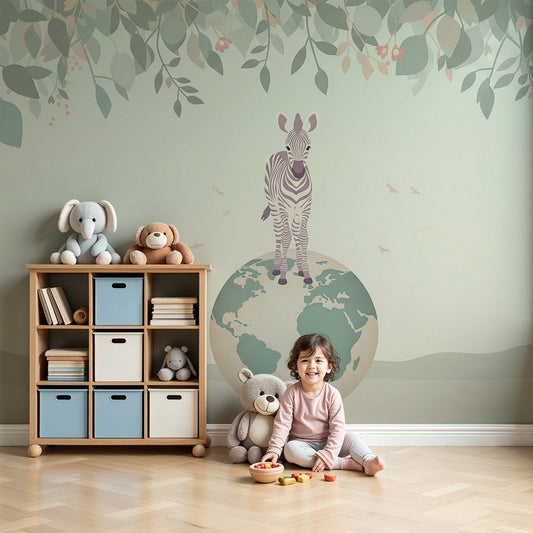 Kids-Mundo zebra and globe wall mural made to measure in a sage green nursery