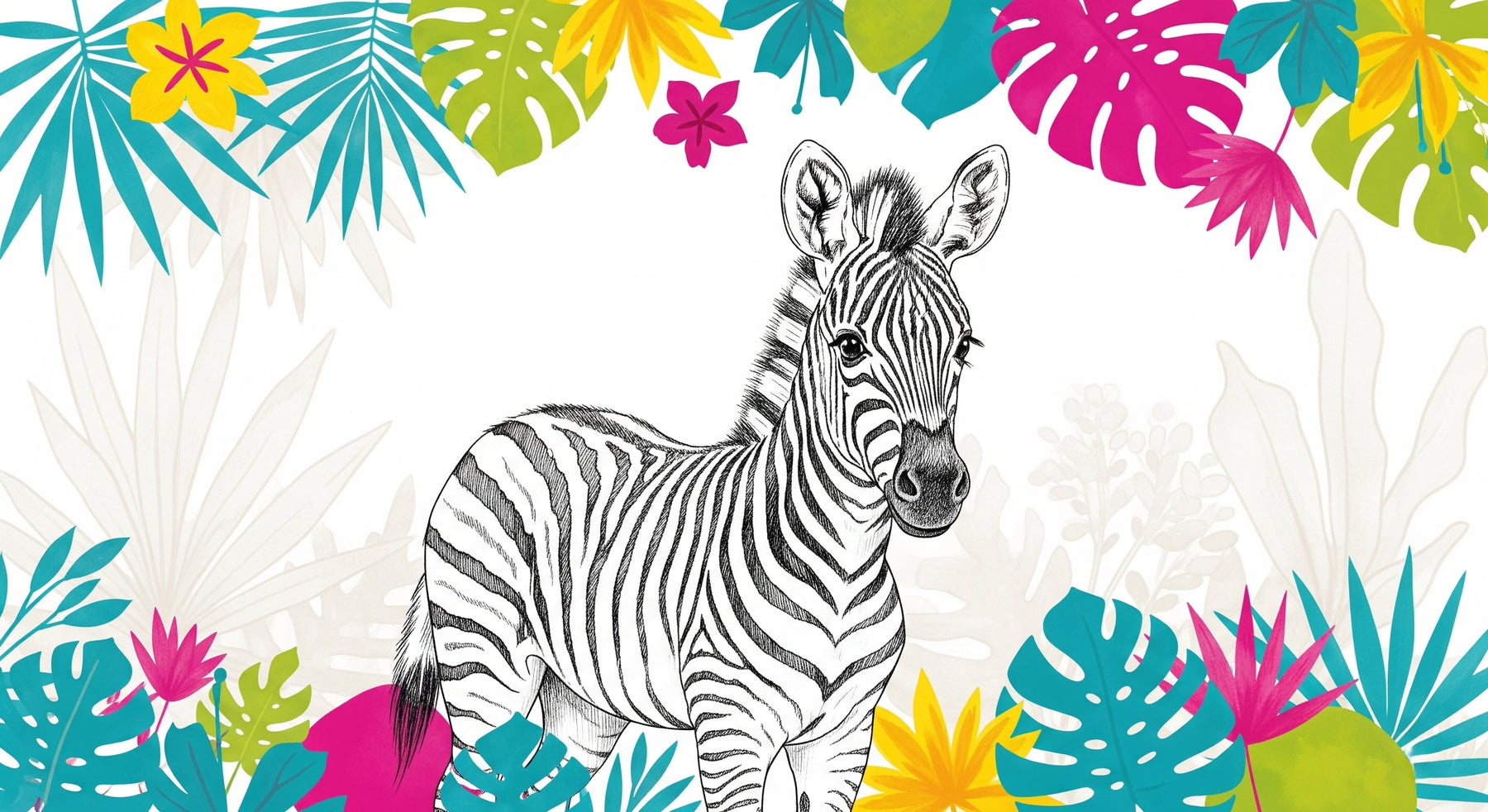 Detailed zebra jungle mural wallpaper design pattern with tropical foliage by Kids-Mundo