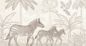 Detailed zebra safari mural wallpaper design pattern with tropical plants on beige background by Kids-Mundo