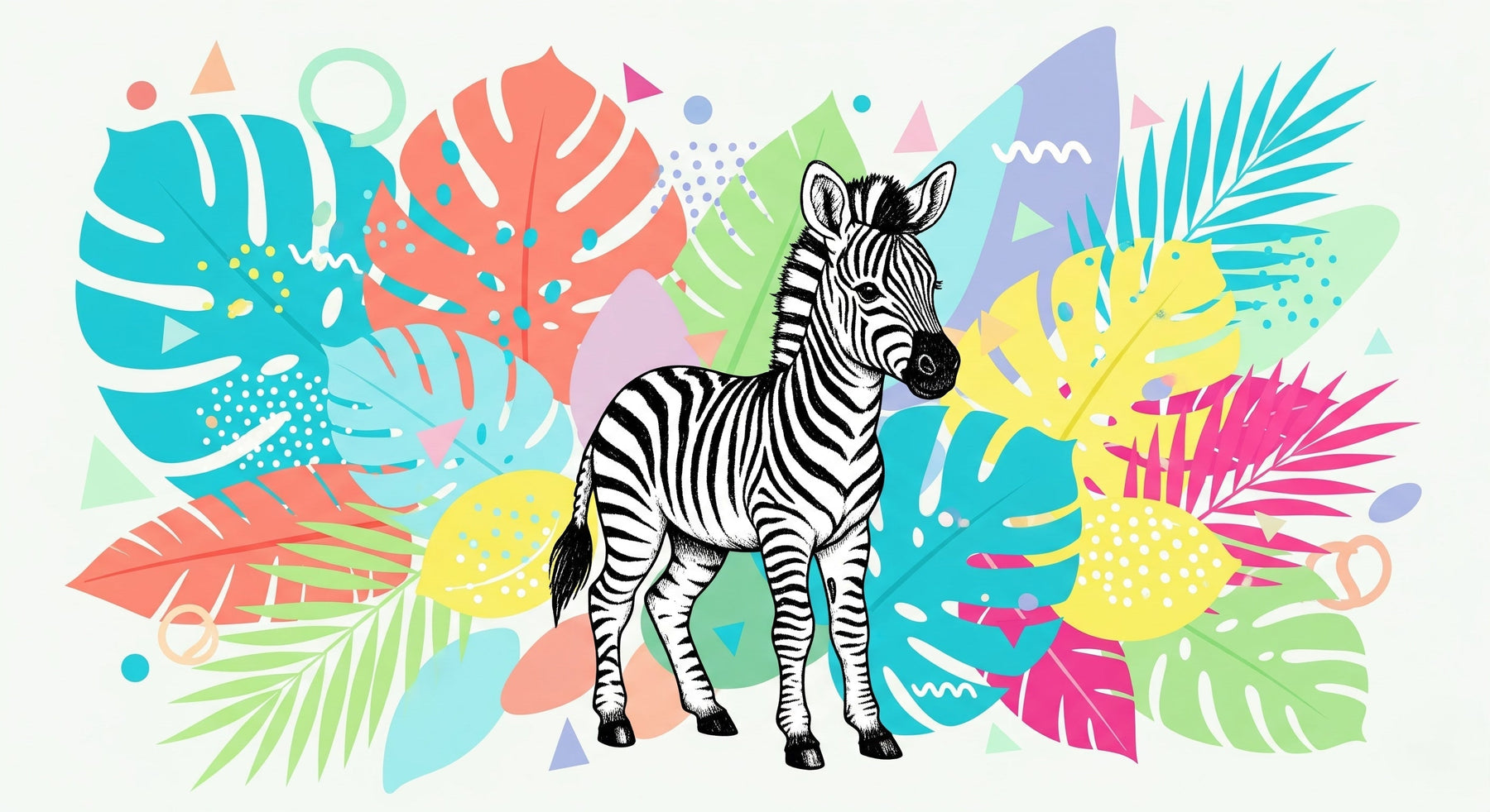 Detailed zebra jungle mural wallpaper design pattern with tropical leaves by Kids-Mundo
