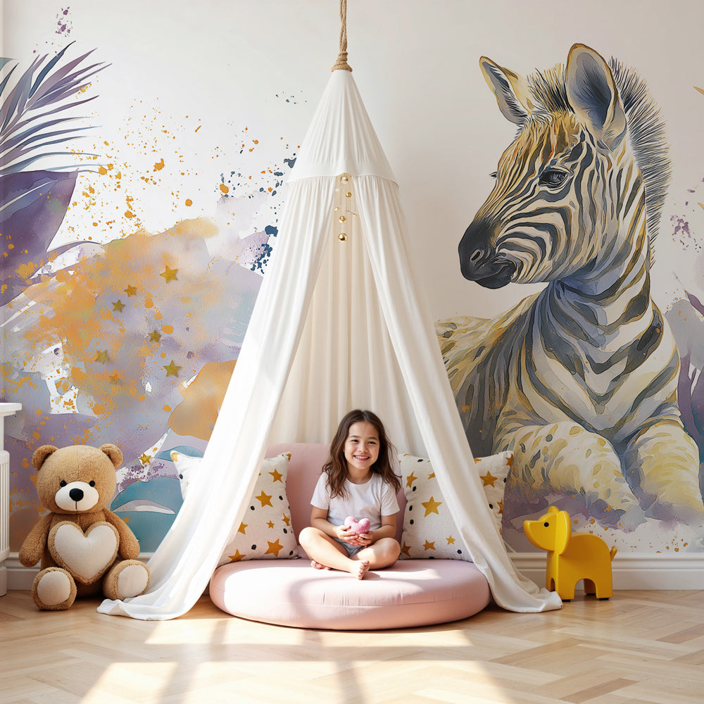 Zebra jungle mural wallpaper in modern nursery with natural wood furniture by Kids-Mundo