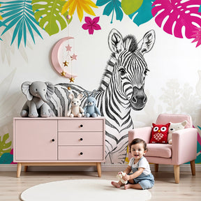 Zebra jungle mural wallpaper creating tropical safari atmosphere in modern nursery by Kids-Mundo