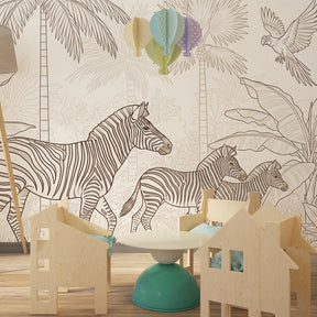 Safari zebra wallpaper creating wild adventure atmosphere in children's bedroom with beige tones