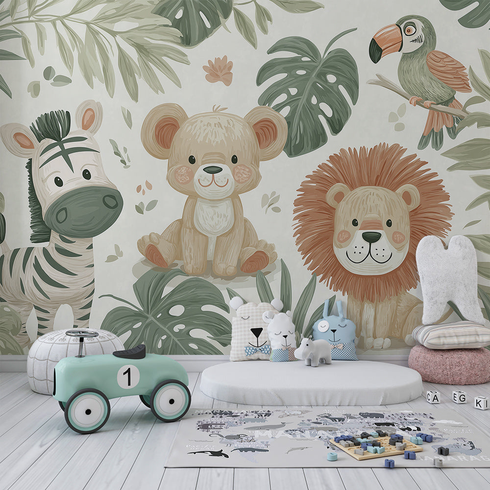 Kids-Mundo watercolour jungle wall mural with zebra and lion cub in a natural kids bedroom.