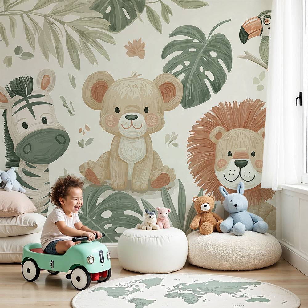 Kids-Mundo zebra, lion cub and bear cub jungle wall mural styled in a soft neutral nursery.