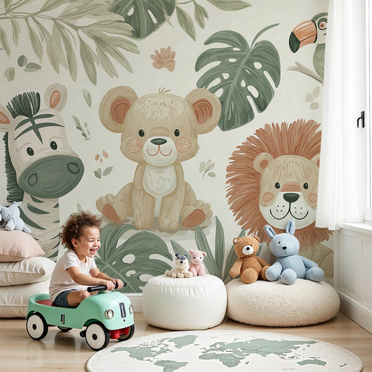 Kids-Mundo zebra, lion cub and bear cub jungle wall mural styled in a soft neutral nursery.