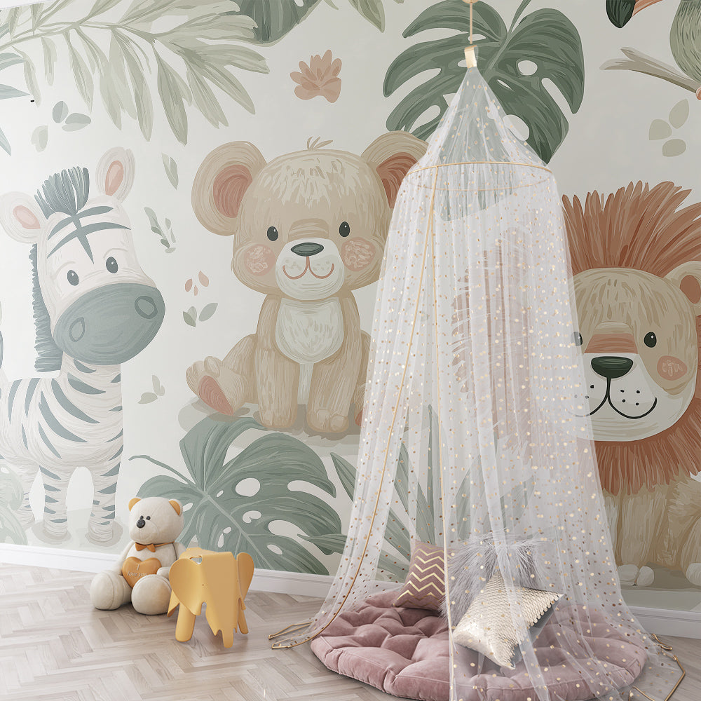 Kids-Mundo zebra, lion cub and bear cub mural bringing gentle colour to a children's playroom.