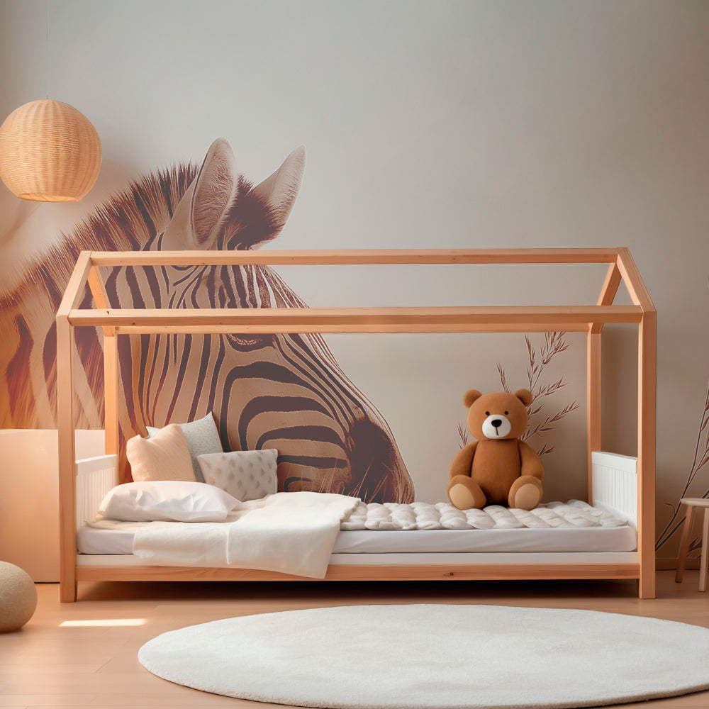 Safari zebra wallpaper in modern baby bedroom with natural wood furniture by Kids-Mundo