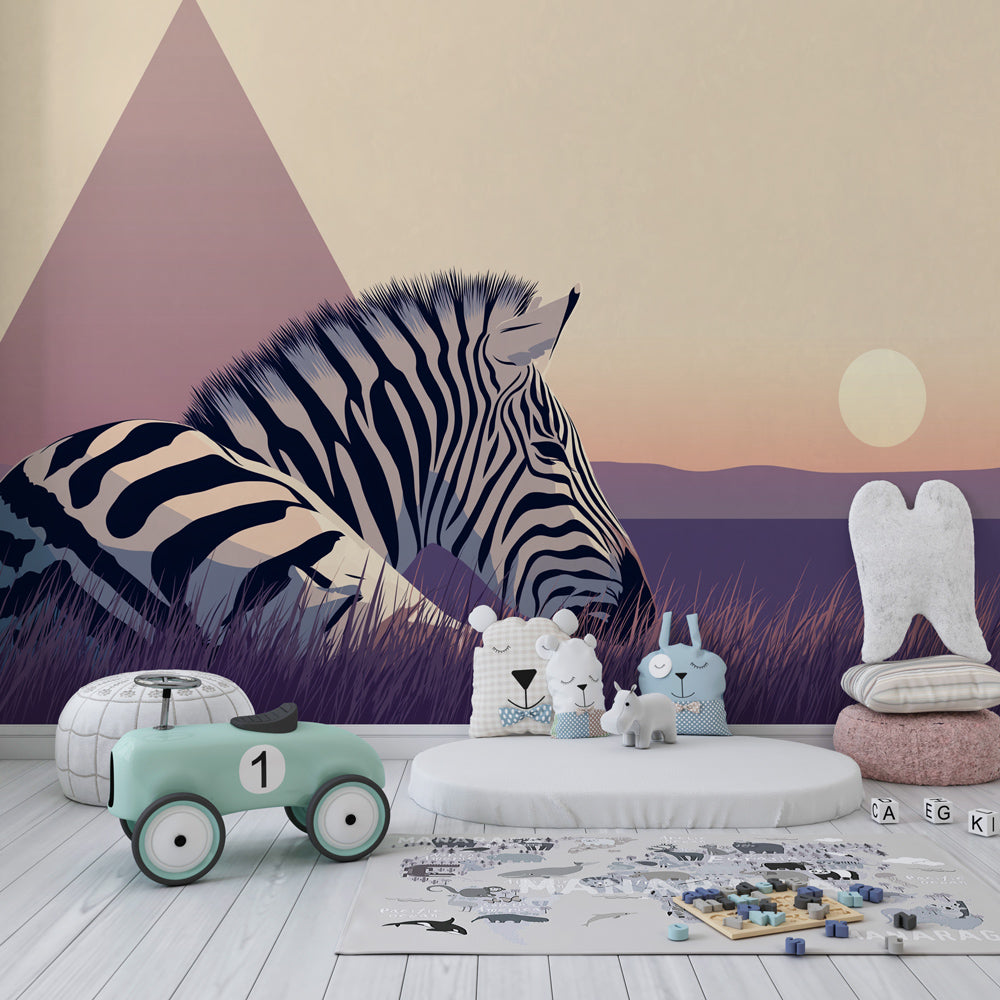 Safari zebra wallpaper creating peaceful children's bedroom atmosphere with sunset colors