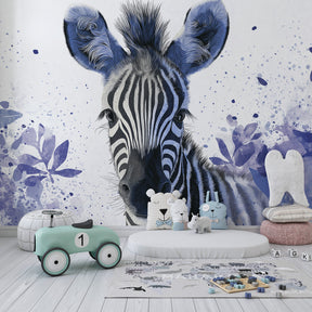 Animal-themed zebra mural wallpaper with colorful botanical elements for kids room decor