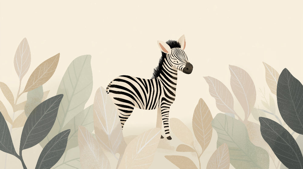 Detailed zebra and botanical foliage mural wallpaper design pattern by Kids-Mundo