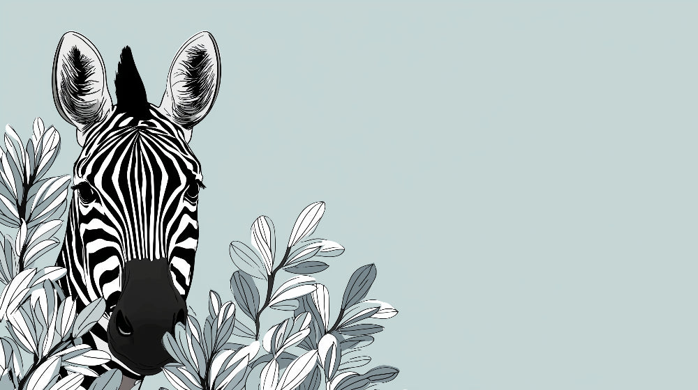 Detailed zebra head mural wallpaper design pattern with botanical foliage by Kids-Mundo