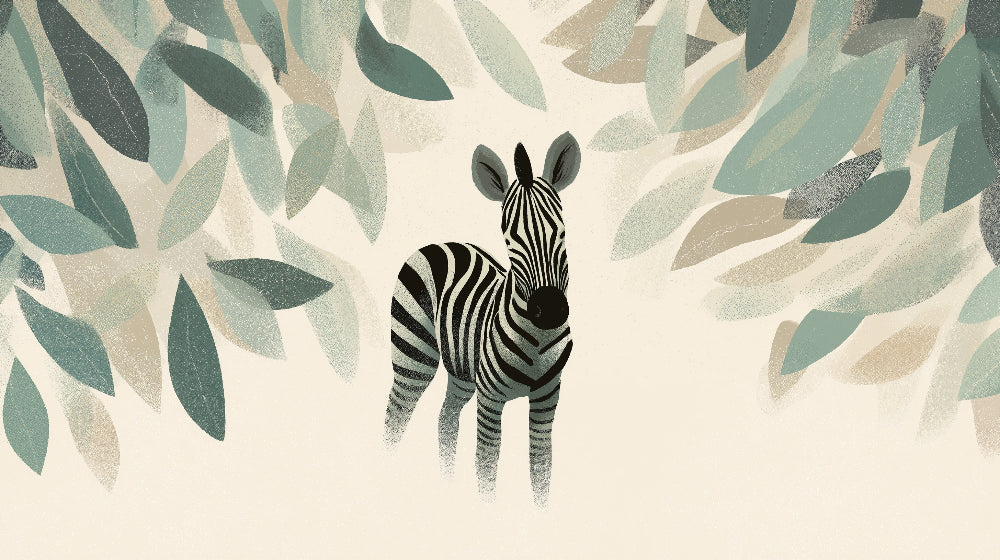 Detailed zebra and foliage mural wallpaper design pattern by Kids-Mundo showing elegant safari motifs