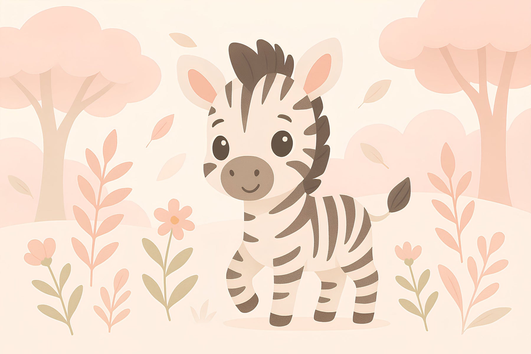 Detailed zebra safari mural wallpaper design pattern with pastel flowers by Kids-Mundo