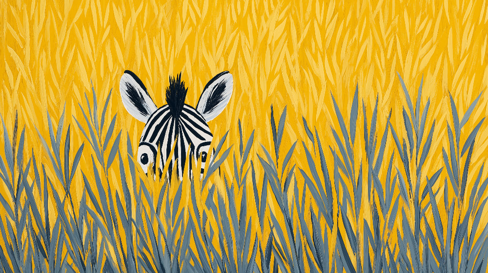 Detailed zebra hiding in golden grass mural wallpaper design pattern by Kids-Mundo