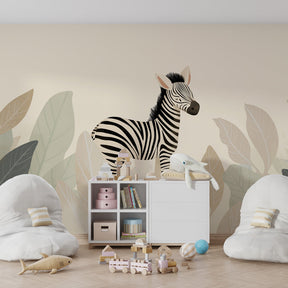 Safari zebra wallpaper in modern kids bedroom with natural wood furniture and cozy atmosphere