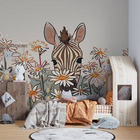 Whimsical zebra floral wallpaper creating magical children's bedroom decor