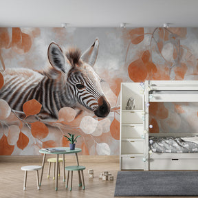 Safari-themed zebra mural wallpaper with orange leaf accents for cozy children's room by Kids-Mundo